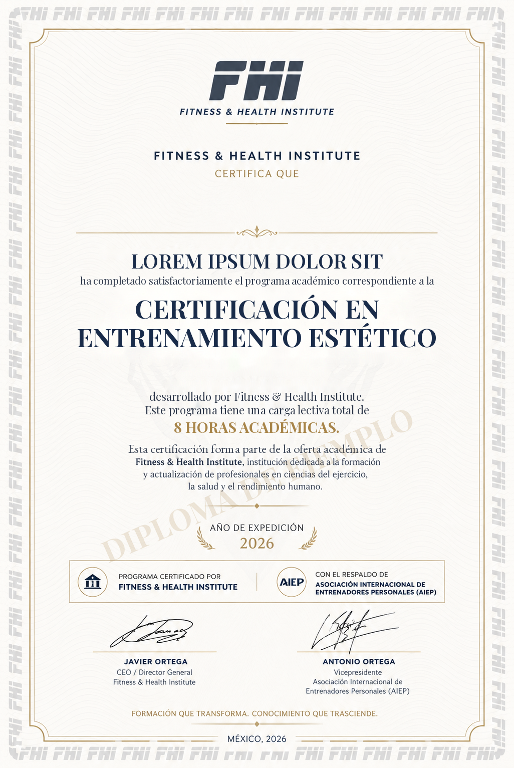 Ejemplo de diploma de la Certificación en Entrenamiento Estético